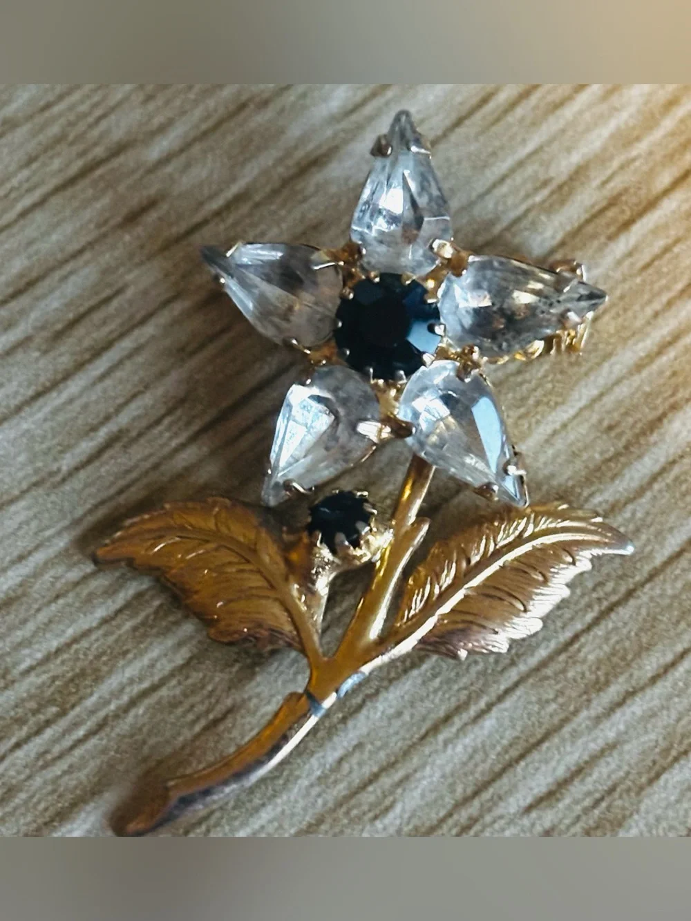 Delicate Vintage Flower Brooch with Deep Navy and Clear Crystal Petals